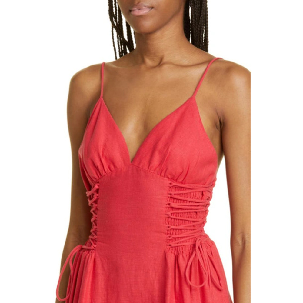 Farm Rio Linen-Blend Lace Up Midi Dress Fit & Flare Corset Glam Red Size Small - Picture 7 of 12
